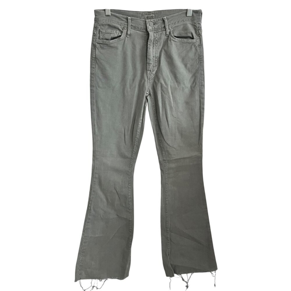 MOTHER DENIM JEANS GRAY 27 THE WEEKENDER FRAY CHALK IT UP FLARE BOOT LEG RAW HEM